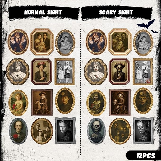Scary Halloween Party Decoration Indoor Home Wall Decor 3D Changing Face Moving Picture Frame Portrait for Horror Halloween Party Supplies Castle Haunted House Decor(Style D, 12 Pack)