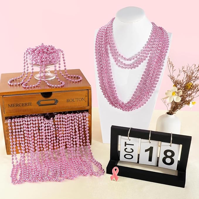 SHAOQINLIN 144 PCS Pink Bead Necklace, 33" Pink Mardi Gras Beads, Breast Cancer Awareness Beaded Necklaces, Party Beads for Mardi Gras, Christmas, Valentine's Day, Wedding, Gender Reveal Party Favors