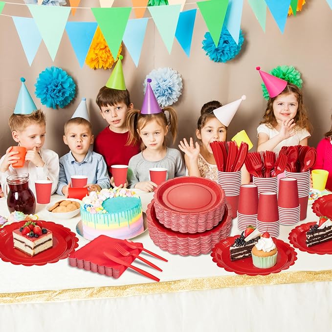 LIYH 350 Pcs Red Paper Plates and Napkins Set for 50 Guest, Disposable Paper Plates Include Red Scalloped Plate Cocktail Napkins Cups Cutlery for Birthday Party