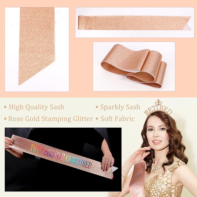 Retirement Gift for Woman Rose Gold Retirement Sash And Crown Headband Retirement Party Decorations "The Legend Has Retired" Sash Elegant Cute Rhinestone Headband