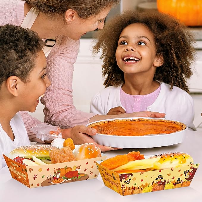 50Pcs Thanksgiving Food Trays, 5.94" x 3.34" x 2.16" Thanksgiving Party Supplies Disposable Fall Boats, Pumpkin Turkey Paper Serving Tray, Food Boats for Snack Popcorn, Harvest Party Decorations