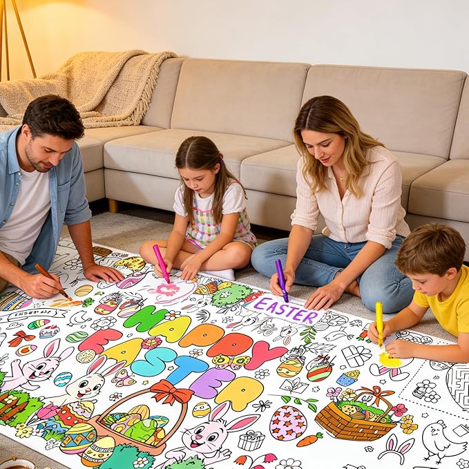 Kids Coloring Tablecloth, Easter Bunny Egg Chick Theme Paper Coloring Poster, 31 x 72 Inch Spring Holiday Coloring Activity Party Table Cover