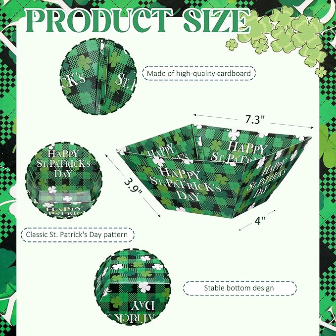 Marspark 24 Pcs St. Patricks Day Popcorn Boxes Paper St. Patrick's Food Trays Green Shamrock Snack Serving Trays Decorations Irish Disposable Paper Platters for Cookie Holiday Party Supplies Family