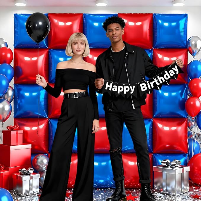 36Pcs Red and Blue Square Foil Balloons Wall Backdrop, Double Sided Metallic Foil Balloons Tunnel Arch Garland Kit for Photo Booth Birthday Wedding Halloween Christmas Party Decorations