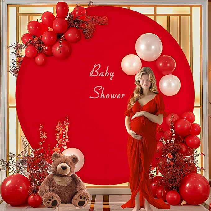 Gallety 7.2FT Red Round Backdrop Cover with Size Adjuster & 4 Metal Clips, Universal Fit for 5ft-7.2ft Circle Stand, Polyester Fabric Arch Cover for Wedding, Birthday Party, Video, Photography Decor