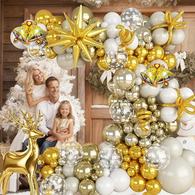 Christmas Party Decorations Xmas Balloon Arch Kit 121pcs White Gold Snowflakes Balloon with Metallic Light Gold Balloons Beige Gold Star Reindeer Deer Bell Foil Christmas Mylar Balloons for New Year