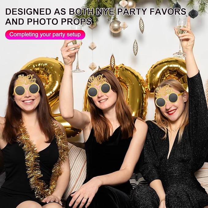 Happy New Year Metallic Glasses Shiny 2026 Party Eyeglasses for Adults & Kids Fun NYE Accessories & Photo Booth Props