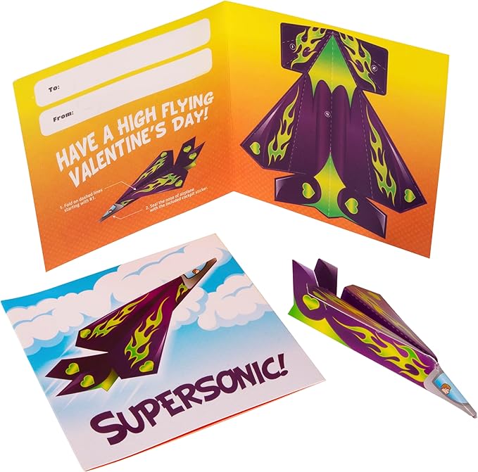 Kangaroo 28 Pack Flying Paper Airplanes Valentines Day Cards for Boy & Girl with Envelopes & Stickers - Valentines Day Cards for Kids School - Valentine Bulk Party Favors Classroom Gift