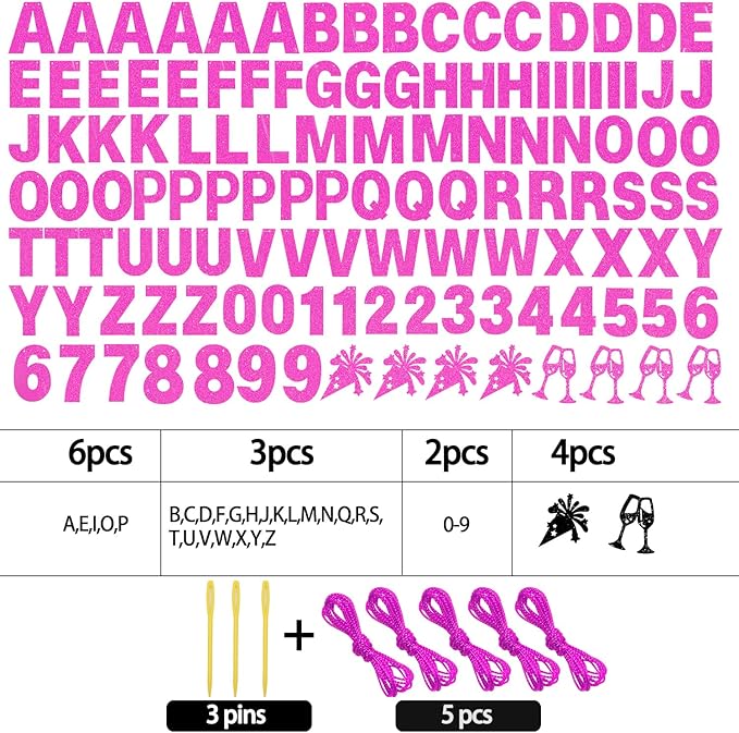 129Pcs DIY Custom Letter Banner Glitter Customizable Banner Kit 0-9 Numbers DIY Girls Happy Birthday Letters Valentine's Day Personalized Banners Birthday Party Decorations Supplies(Dazzling Rose Pink)