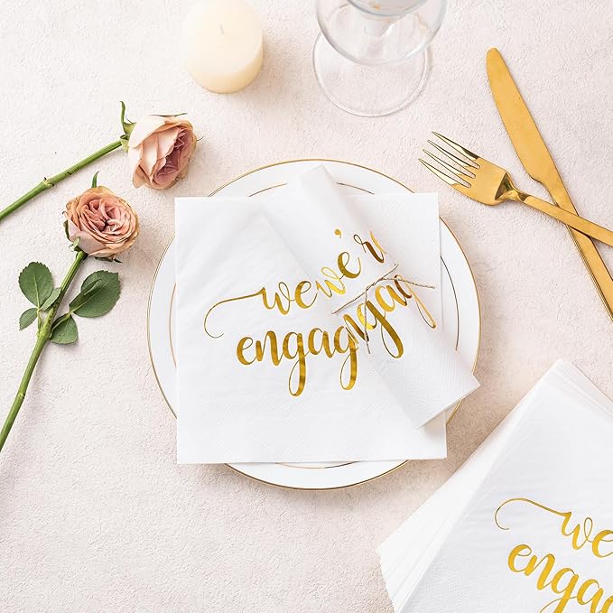WRAPAHOLIC 50Pcs Gold We're Engaged Napkins - 3 Ply Disposable Paper Luncheon Napkin for Tableware Party Supplies - 6.5 x 6.5 In