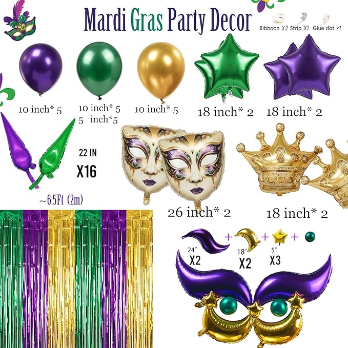Mardi balloon garland arch kit Purple green gold with Fringe Curtain DIY Mask star Crown and Mask Balloons for Gorgeous Funny Grand Fat Tuesday Party decorations