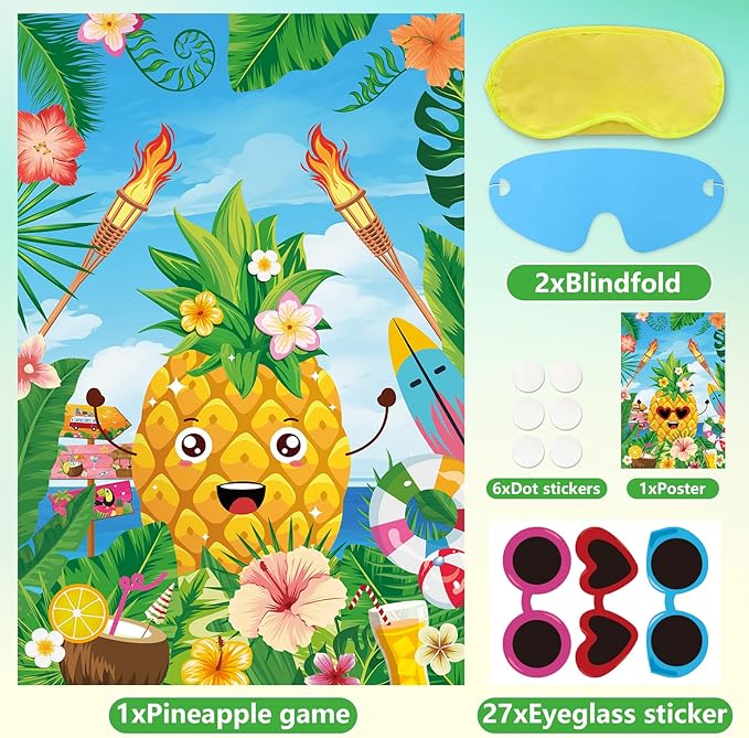 Hooqict Luau Party Game for Kids Pin the Sunglasses on the Pineapple for Summer Tropical Tiki Luau Party Supplies Decorations, Large Hawaiian Pin The Tail Game Poster with 27 Pineapple Stickers