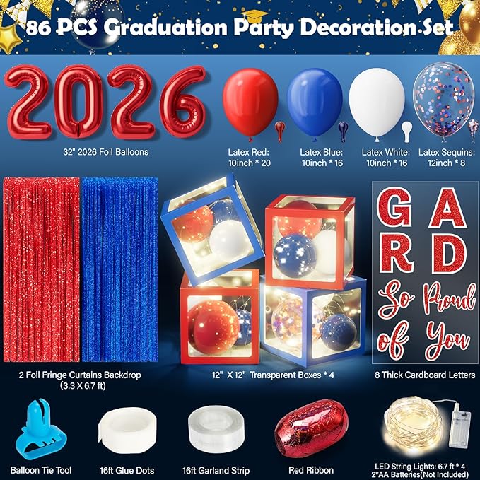 Graduation Party Decorations Class of 2026, 86PCS Red & Blue Graduation Party Supplies High School College Grad Balloon Boxes with Letters, Foil Curtains, LED String Light, Balloon Garland Kit