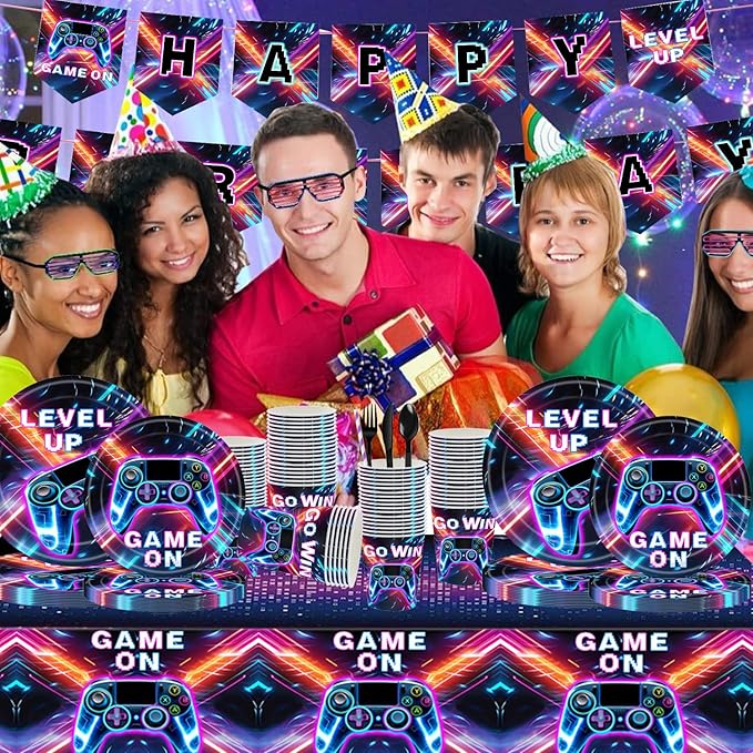 194 Pcs Video Game Party Supplies Serve 24, Includes Game On Neon Themed Tableware, Plates, Napkins, Banner & Tablecloth, Ideal for Gamer Birthday Party Decoration