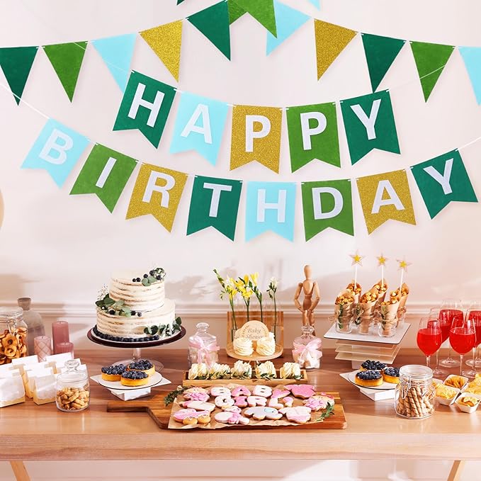 Irenare 4 Pieces Happy Birthday Banner Colorful Birthday Party Decor Rainbow Felt Garland Banner Party Decorations Supplies (Gradient Green and Gold)
