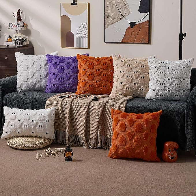DFXSZ Halloween Pillow Covers 16x16 inch Set of 2 White Black Ghost Throw Pillow Cases Soft Plush Faux Fur Wool Couch Cushion Case for Chair Sofa Bedroom Living Room Home Decor PTK03J16