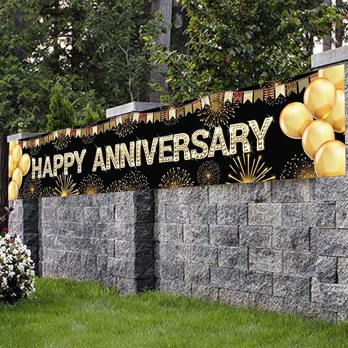 Happy Anniversary Party Backdrop Banner Black Gold Balloons Fireworks Theme Decor for Wedding Anniversary Party Supplies Yard Sign Background Indoor and Outdoor Party Decorations Gift