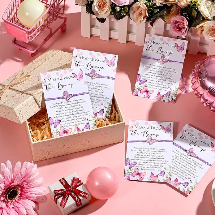 Ferreve Baby Shower Favors for Guests Bulk, 50 Pack Butterfly Wish Bracelets with “A Message from the Bump” Cards, Baby Shower Party Favors for Gender Reveal