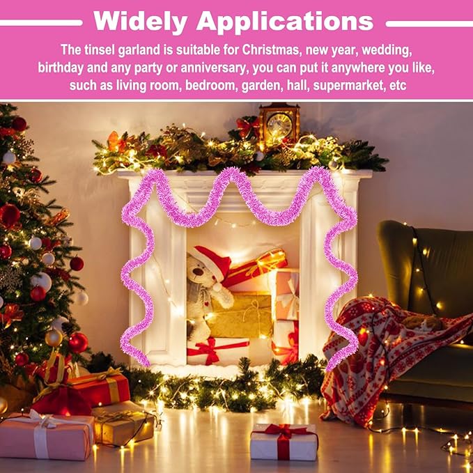 50 Feet Christmas Tinsel Garland, Metallic Twist Garland Wall Hanging Tinsel Garland Backdrop for Parade Floats, Carnival, Birthday, Wedding, New Year Party Decorations (Macaron Pink, 2in x 50ft)