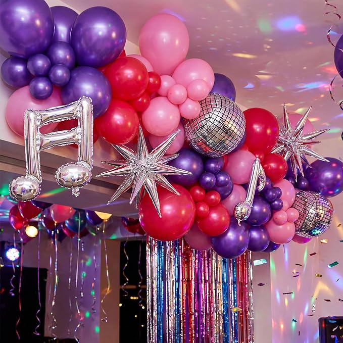 Sumind 144 Pcs K pop Party Decorations with Pink Purple Metallic Music Balloon Garland Arch Kit, K Pop Music Themed Birthday Decoration for Fans Themed Birthday Concert Stage Backdrop Party Decor