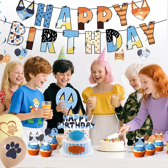 Blue Dog Birthday Decoration Set, Cartoon Happy Birthday Banner, Party Supplies with Banner, Hanging Swirl, Honeycomb