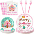 Merry Birthday Christmas Xmas Pink Village Houses Candy Party Plate Supplies - Serves 24-96Pcs Party Tableware Decoration Disposable Paper Plate Napkin Fork for Winter Holiday Birthday