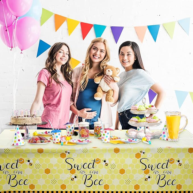 Tatuo 6 Packs Bee Plastic Tablecloths - 54 x 108 Inches Sweet as Can Bee Decorative Table Cover Honey Party Tablecloth Set for Birthday Baby Shower Gender Reveal Party Decorations