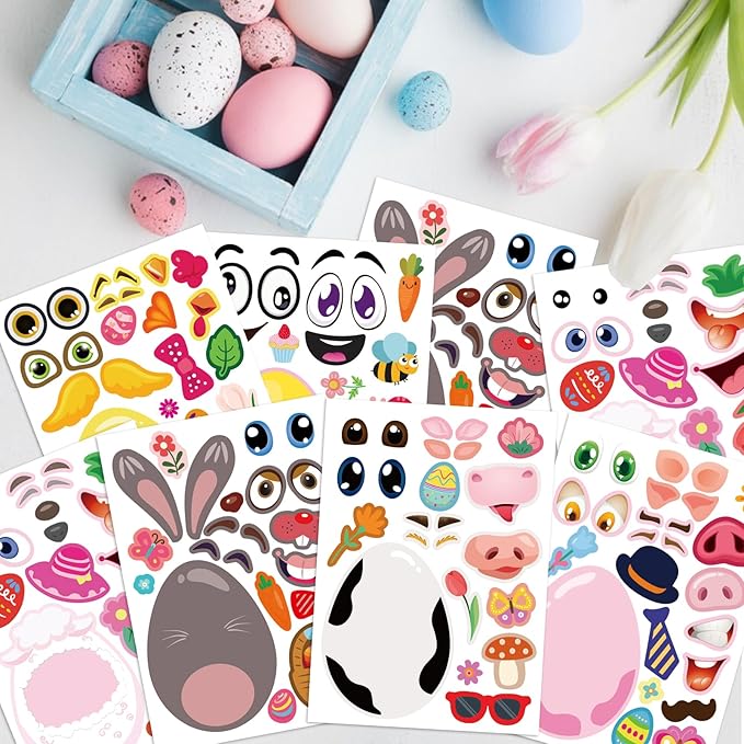 24 PCS Easter Stickers for Kids, Make A Face Stickers, Easter Basket Stuffers Egg-Themed Sticker for Families, Schools, Classroom Party Craft Favors