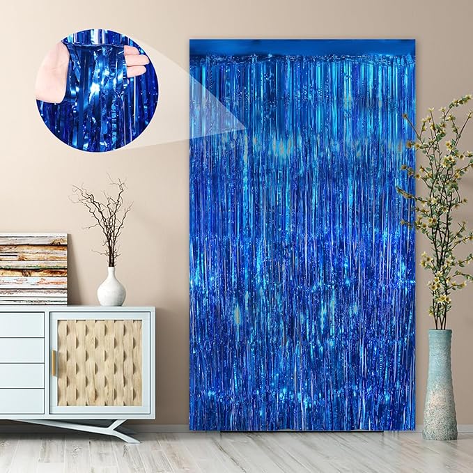 Blue Fringe Curtain Party Streamers 2Pack 3.3 x 8.3 Ft Foil Fringe Backdrop Curtains for Birthday Wedding Bridal Baby Shower Holiday Tinsel Streamers Blue Christmas Party Decorations Door Streamer