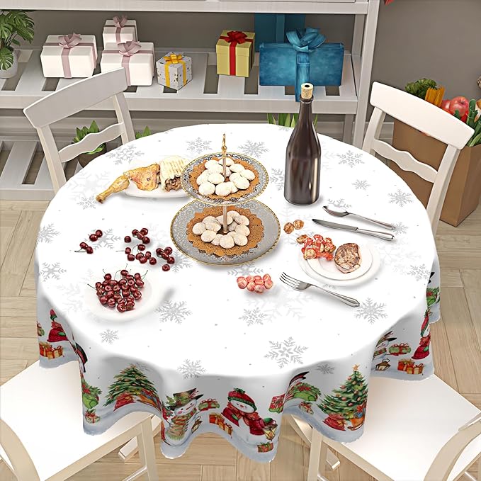 Winter Snowman Round Tablecloth White Tablecloth 60 Inch Christmas Snowflake Pattern Circle Table Cloth Xmas Holiday Table Cover Indoor Decor for Home Kitchen Dinning Party