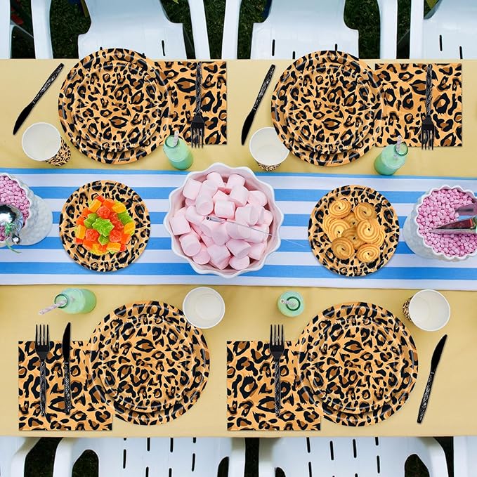144PCS Leopard Print Party Supplies Cheetah Print Party Tableware Set Paper Plates Napkins Cups Cutlery for Birthday Shower Baby Shower Jungle Safari Theme Party Decorations Serve 24