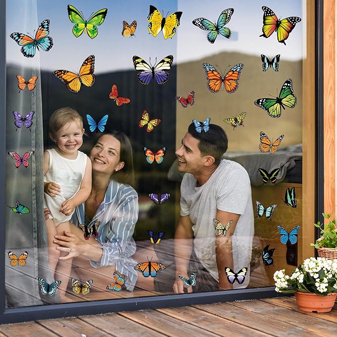 79PCS Colorful Butterfly Window Clings, Butterfly Decorations, Double Sided Window Decals to Prevent Bird Strikes, Multi Patterns Colors Butters Stickers for Home Decor Glass Door