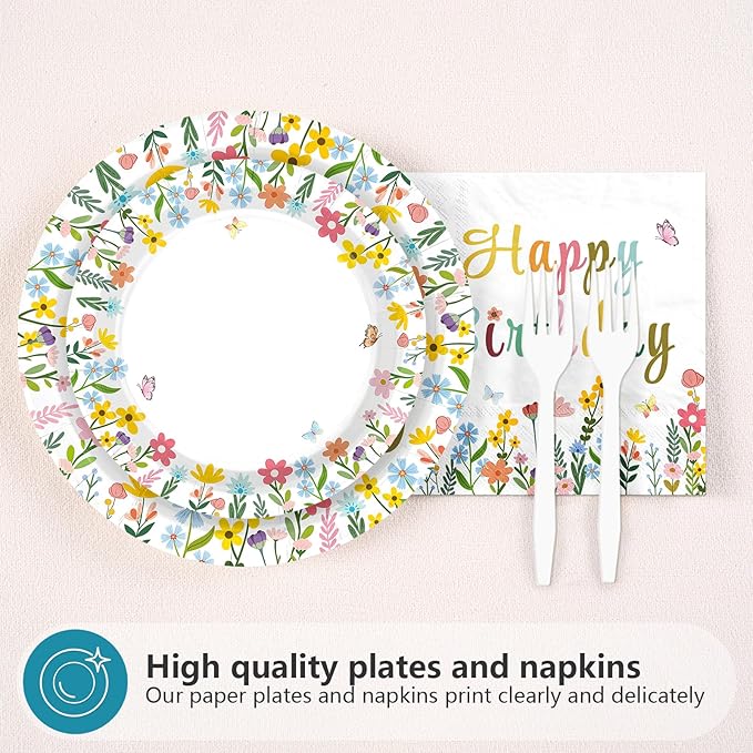 96Pcs Spring Flower Birthday Party Decorations Colorful Wildflower Plates and Napkins Groovy Boho Floral Leaf Disposable Paper Tableware Set for Women Birthday Party Supplies Serves 24