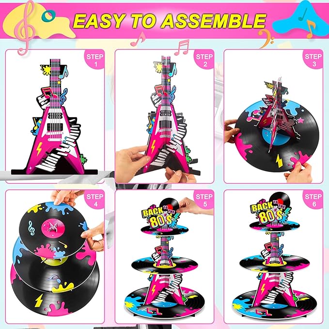 Ben Louis 3 Tier 80s Cupcake Stand Party Decorations Back to The 80's Theme Holder Retro 1980s Hip Hop Dessert Tower Birthday Cake for Neon Rock Hippie Supplies