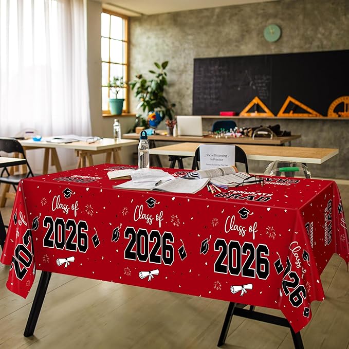 QZYL 4 Pack Graduation Table Cloth, 54" x 108" Red 2026 Graduation Table Decorations, Disposable Grad Party Decorations for College, Rectangle Plastic Tablecloth for Class of 2026 Congrats Grad