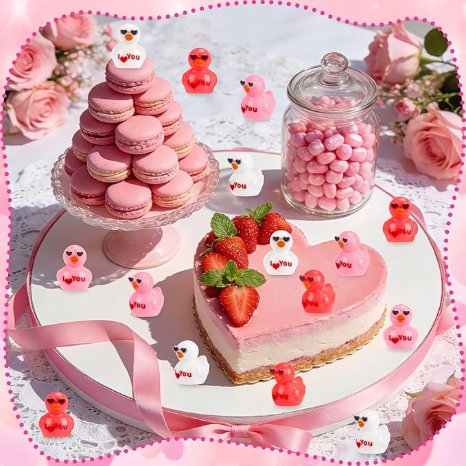 120 Pcs Valentines Day Resin Mini Ducks Valentine's Day Red Pink White Letter Tiny Resin Ducks Bulk Tiny Miniature Duck Figures for Home Tabletop Micro Garden Landscape Decoration Craft Party Favors