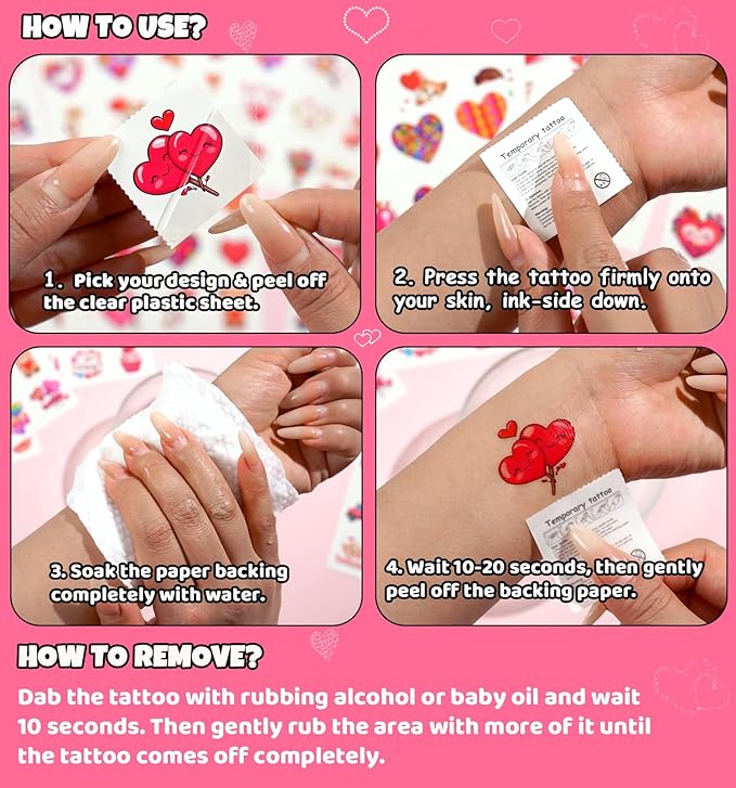 JCFIRE 96Pcs Valentines Day Stickers for Kids Temporary Tattoos, Heart Stickers for Valentines Day Gifts for Kids Classroom Exchange, Waterproof Decals for Party Favors, Goodie Bags, Crafts