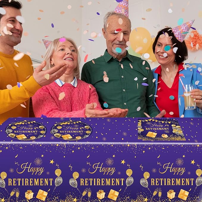 41PCS Retirement Party decorations Purple and Gold Disposable Tablerware Decoration Favors Including Paper Plates Napkins and Tablecloth Set for Women Retirement Table Decorations Party Supplies