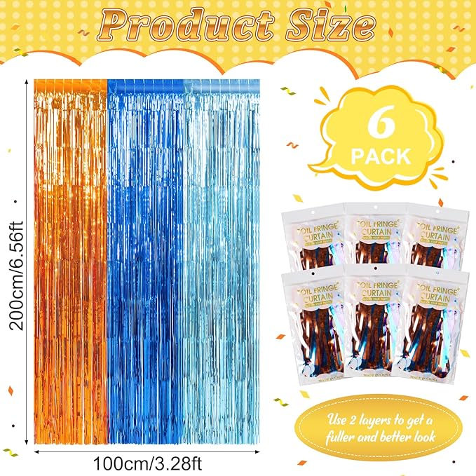 6 Pack 3.3X6.6Ft Blue Dog Foil Fringe Curtains Backdrop Decorations, Orange and Light Blue Birthday Party Tinsel Metallic Streamers Photo Booth Background for Dog Theme Party Supplies
