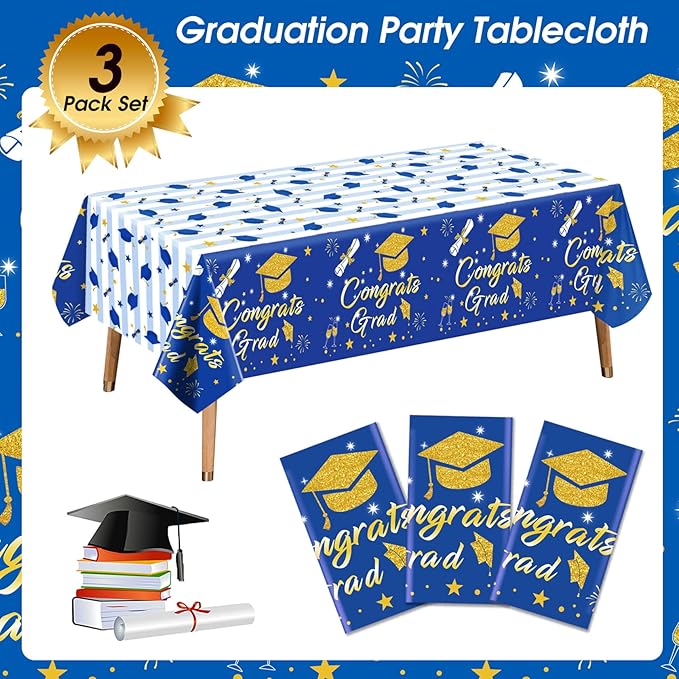 Graduation Tablecloth Party Decorations 2026 3 Pack Blue Large Size 54"x108" Congrats Grad Disposable Rectangle Table Covers Plastic Table Cloth for College High School Class of 2026 Party Supplies