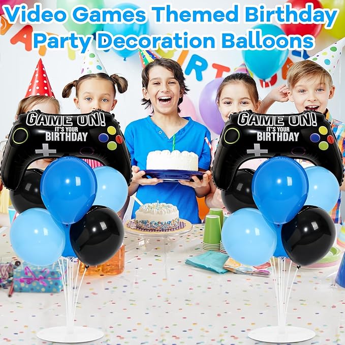 Video Game Birthday Party Balloons Stand Kit 2 Sets with 2 Game Handle Foil Balloons Black Blue Balloon Centerpiece for Tables for Boy Girl Gamer Gaming Night Birthday Baby Shower Party Decoration