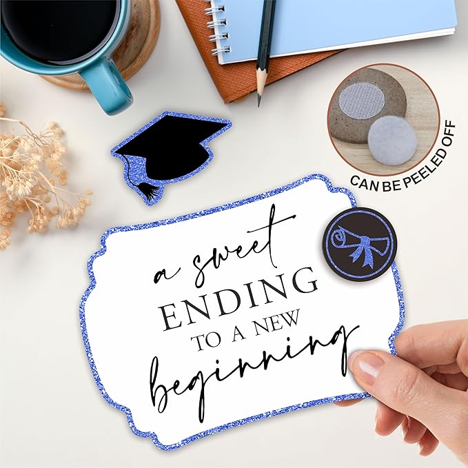 Blue Graduation Wooden Buffet Sign - A Sweet Ending To A New Beginning - 5"X7" Candy Sign With 1 Metal Support，2 DIY Wood Decor With Velcro, Grad Party Decor & Supplies - B07