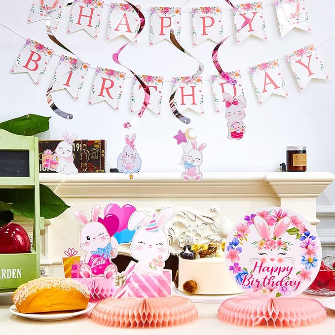 26 Pcs Easter Bunny Birthday Party Decorations Kit Supplies Bunny Birthday Banner Honeycomb Centerpiece Rabbit Hanging Swirls Cutouts for Girl Baby Shower Party Supplies