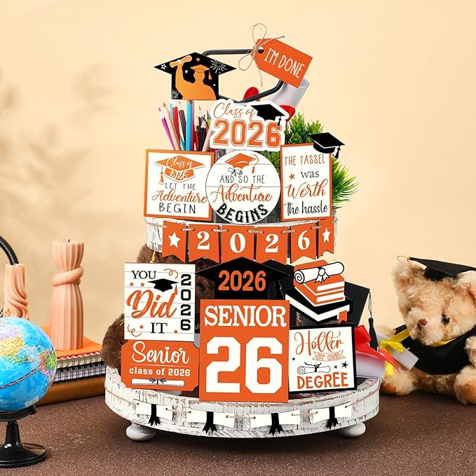 22 Pcs 2026 Graduation Tiered Tray Decor Sets Wooden Graduation Class of 2026 Table Decorations Senior 2026 Gown Diploma Farmhouse Signs for Home Shelf Party Office Desk(Orange)