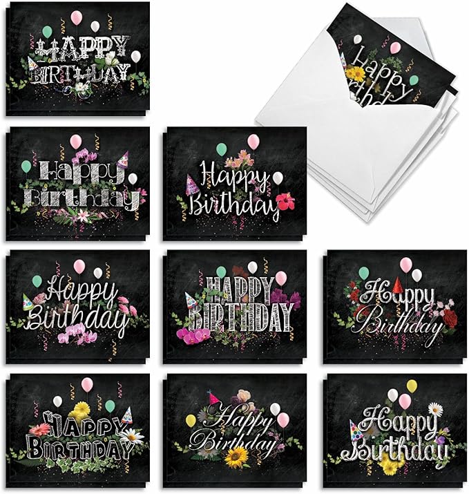 The Best Card Company - 10 Happy Birthday Note Cards Blank - Assorted Bulk Birthday Notecards, Cute Boxed Set (4 x 5.12 Inch) - Chalk and Roses Birthday M6479BDB