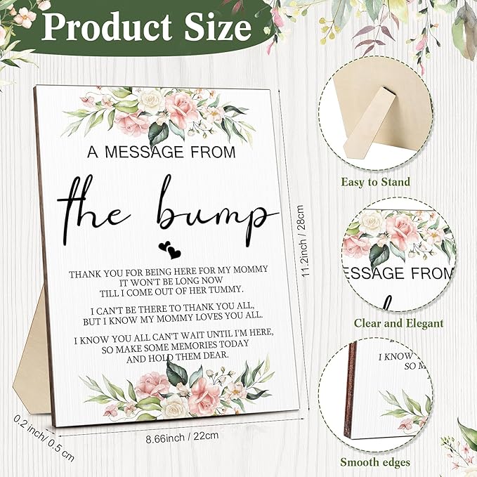 Roowest Cool Baby Shower Tabletop Decoration a Message from the Bump Wooden Baby Shower Games Sign Greenery Cute Gender Reveal Party Thank You Sign, 11.2 x 8.66 Inches(Floral)