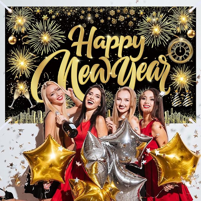 Famoby Happy New Year Fabric Sign Poster Banner Backdrop with Pattern Firework Champagne for Photo Booth Background New Year Party Decorations Supplies