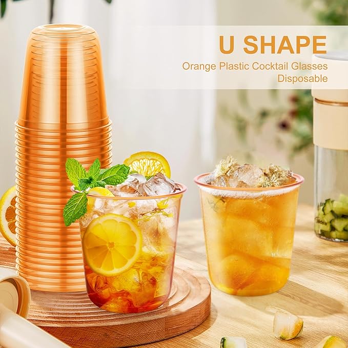 KesaPlan 50 Pcs Halloween Fall Orange Plastic Cups, 12 oz Disposable Stemless Wine Glasses, Plastic Cocktail Glasses for Juices Coffee Soda, Round Bottom Party Cups for Thanksgiving Wedding Party