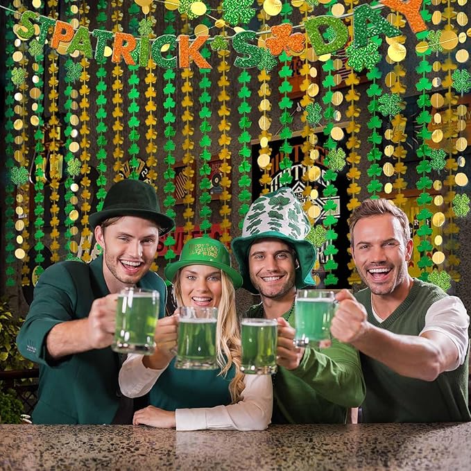 St Patricks Day Decorations Shamrock Foil Fringe Curtains Green Shamrock Garland Clover Tinsel Curtain Photo Booth Prop St Paddy's Day Garland Hanging Streamers Backdrop for Irish Party Decor