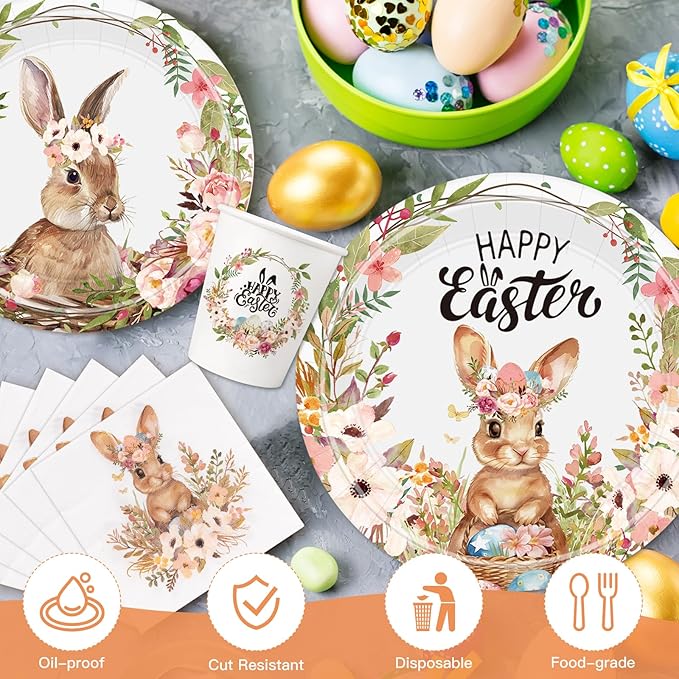 100Pcs Easter Party Decorations, Easter Tableware Set Serve 25 Guests 9" Dinner Plates 7" Dessert Plates 9OZ Paper Cups Napkins, Disposable Dinnerware Set, Paper Plate Bunny Egg Party Supplies